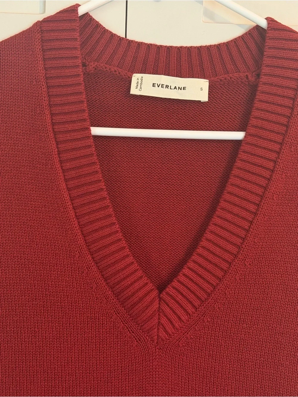 Everlane V-Neck Sleeveless Sweater Vest in Deep Brick Red